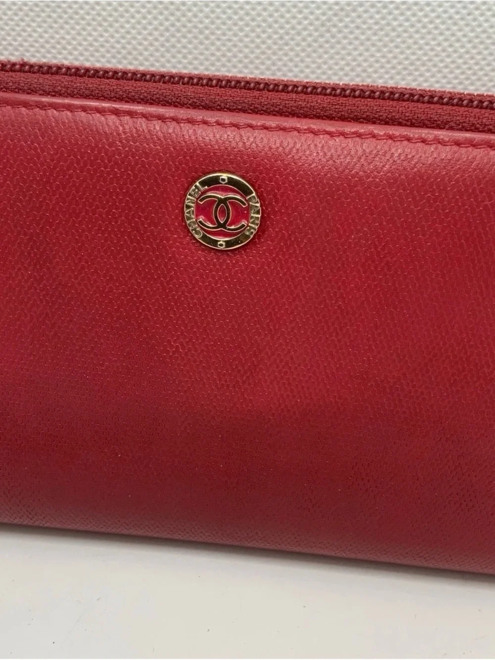 CHANEL Red Leather Zip Wallet with Gold CC Logo